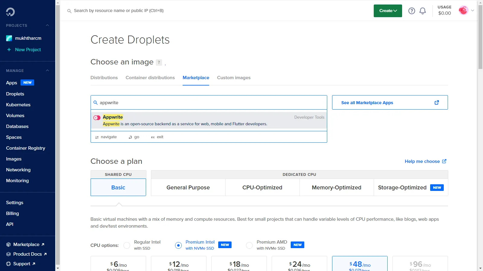 Select Appwrite in Marketplace